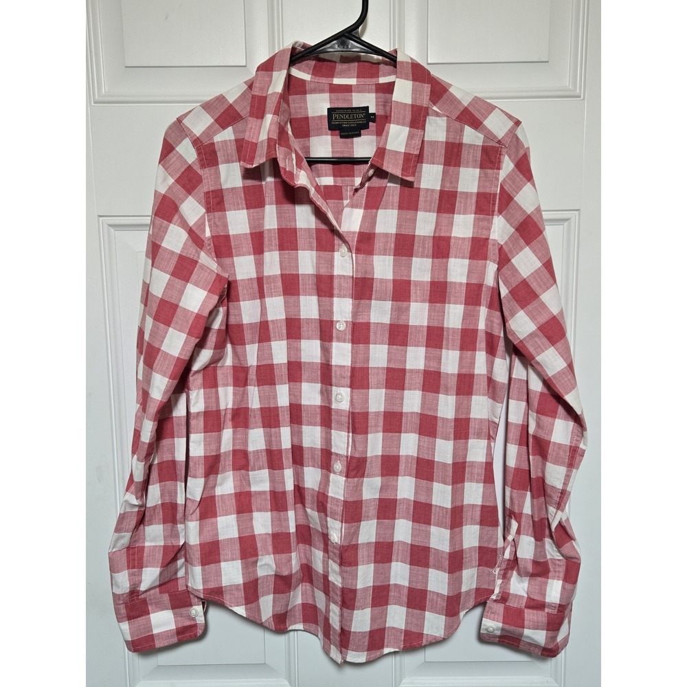 Pendleton‎ Shirt Womens Size Medium Long Sleeve Plaid Button Up White Red